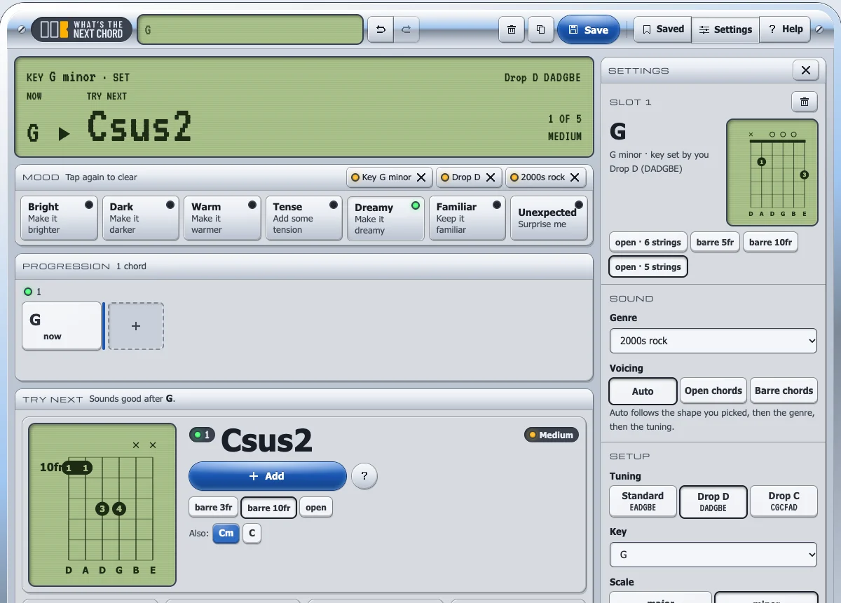 A Csus2 suggestion in Drop D, showing the 10th-fret shape 10 10 12 12 x x