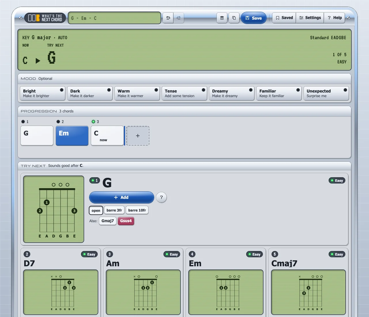The WhatsTheNextChord workspace with the progression G, Em, C and five suggestions for what comes after C, each with a chord diagram